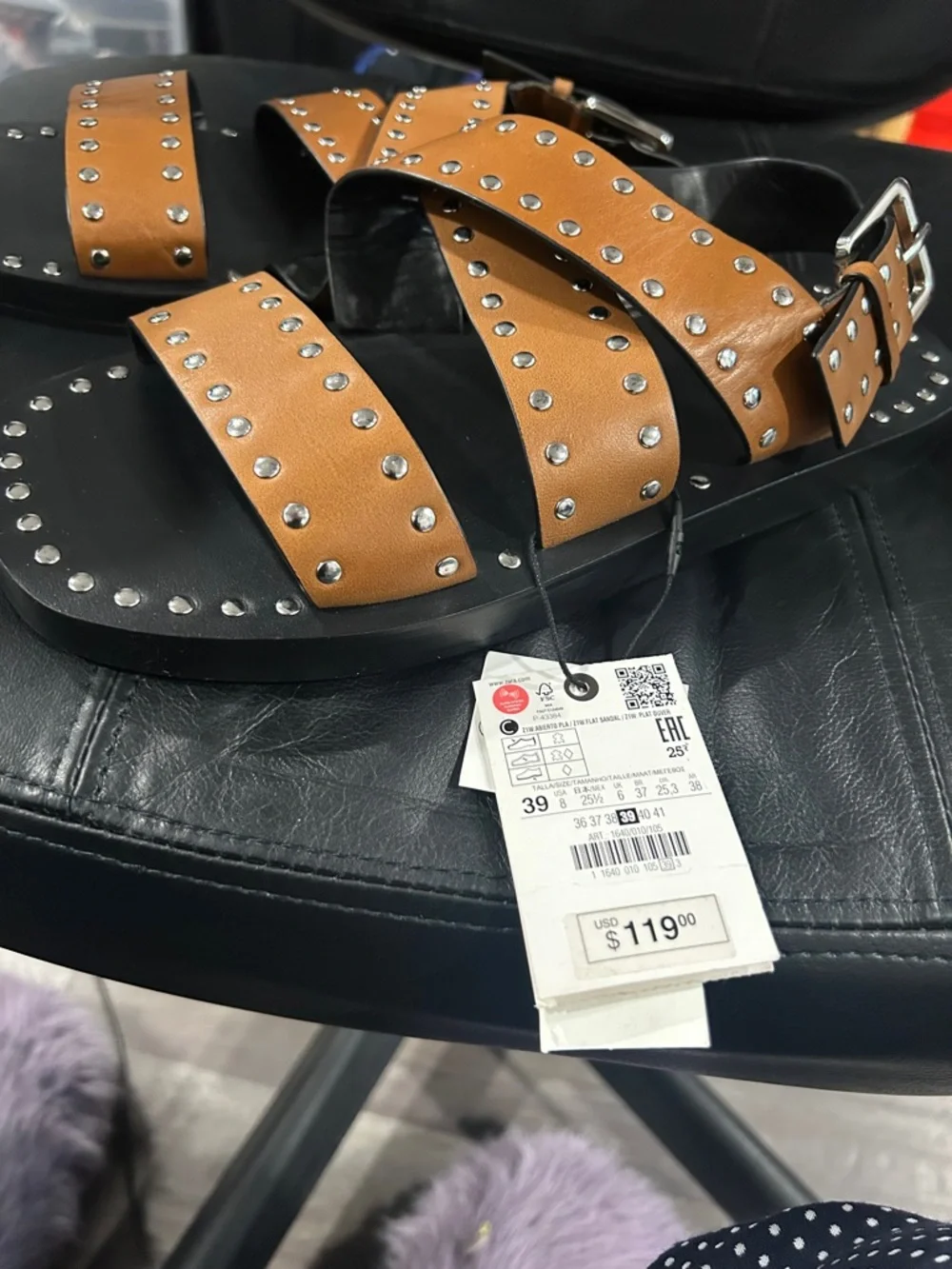 Zara Brown Sandals with Silver Stud Accents Black sole. NWT - Picture 6 of 9